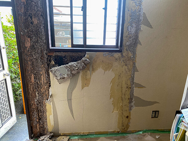 ヤマトシロアリが被害を与えるドア枠材、窓枠材